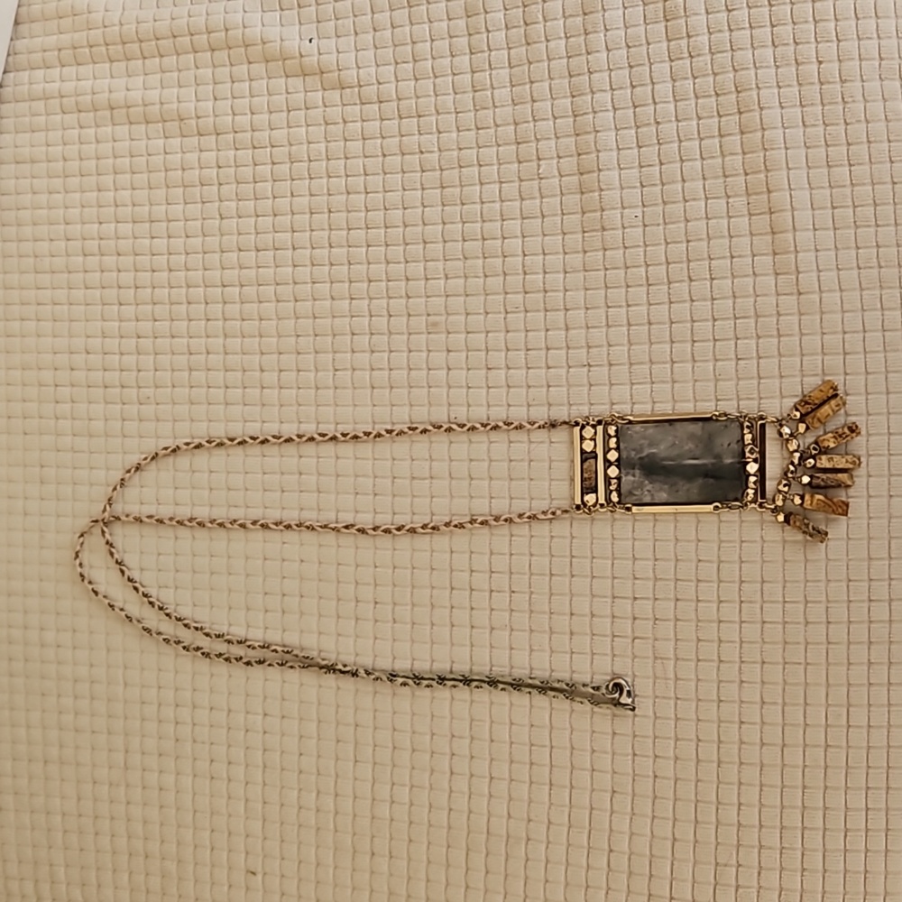 ANTHROPOLOGIE GREY STONE NECKLACE W/GOLD BEADS AND CREAM W/BROWN SMALLER STONES